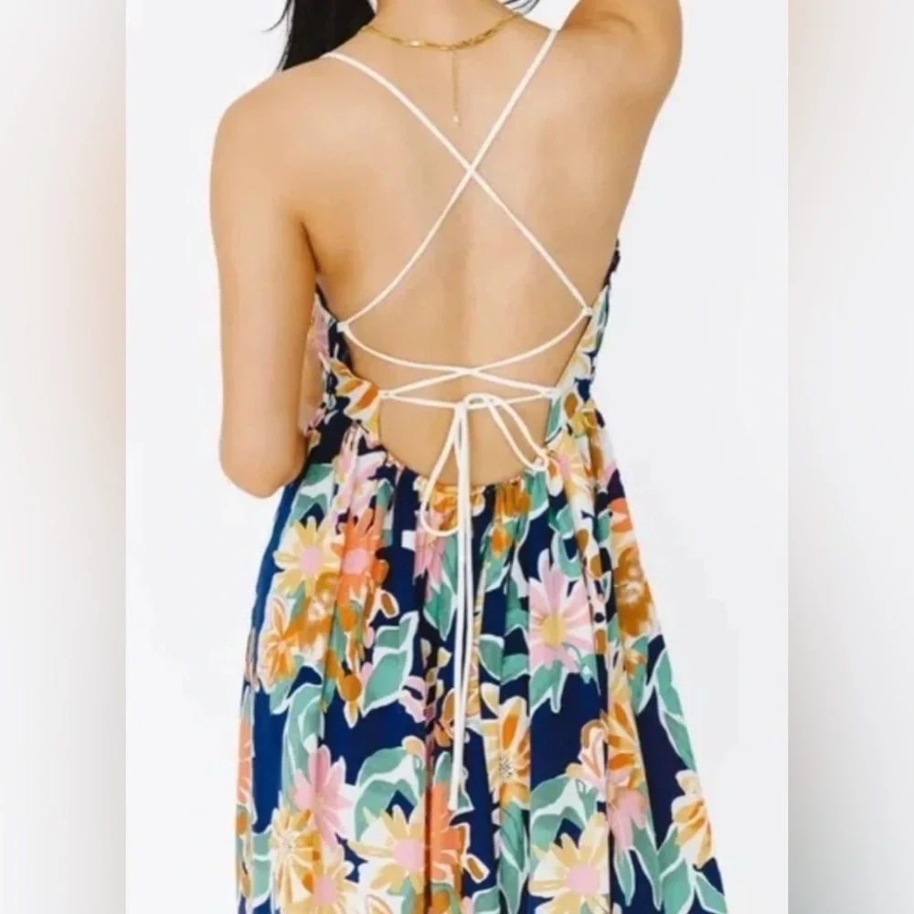 Lush Sweetheart Tie Back Floral Maxi Dress in Navy and Pink - NWOT - Size S - Picture 2 of 11